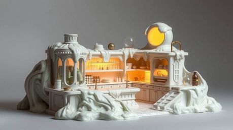 This artwork depicts a graceful and elegant science lab covered in slime, uniquely sculpted from layered papier-mâché.  The r