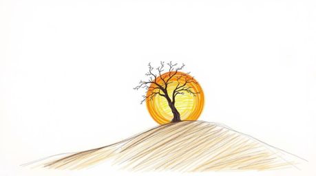 A captivating hand-drawn sketch depicting a lone tree silhouetted against a vibrant fiery sunset.  The artwork features natur