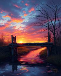 An extreme macro close-up captures the intricate details of an old wooden bridge over a river at sunset. The image is rendere