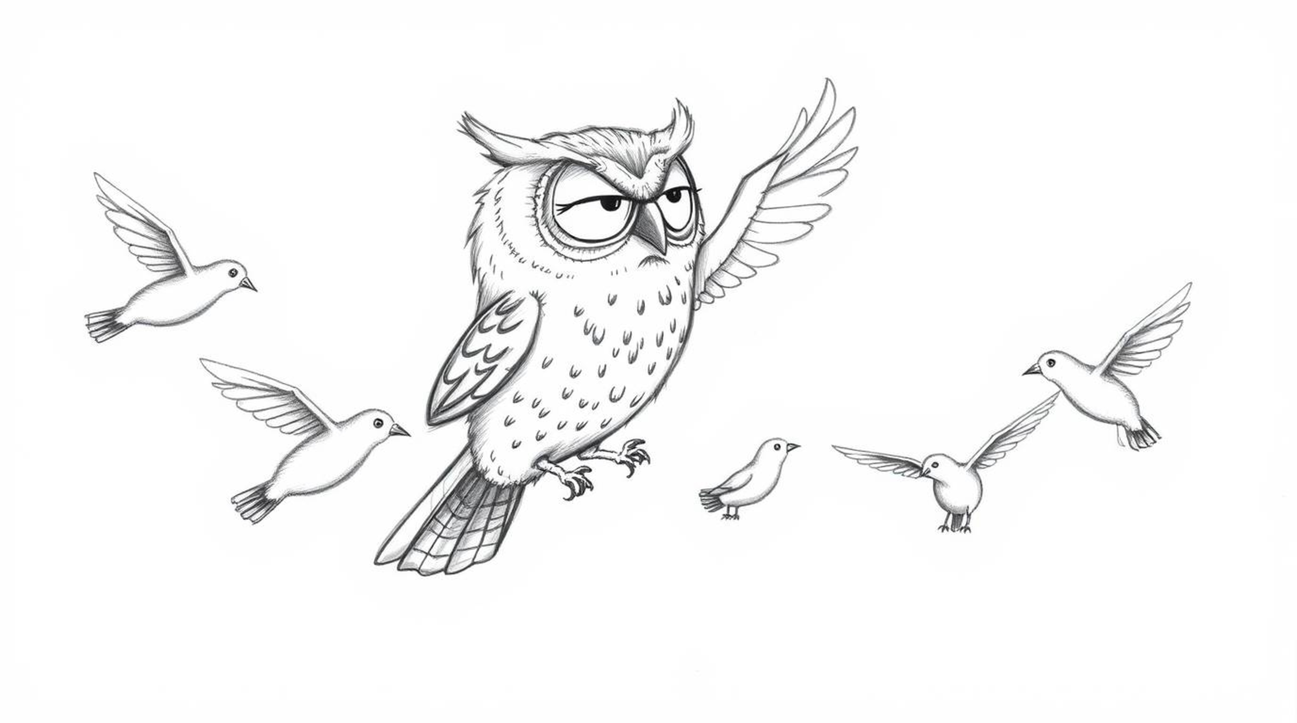 A heartwarming pencil sketch depicts a blind owl, rendered in a Pixar-esque style with expressive wrinkles, calmly teaching y