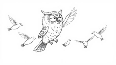 A heartwarming pencil sketch depicts a blind owl, rendered in a Pixar-esque style with expressive wrinkles, calmly teaching y