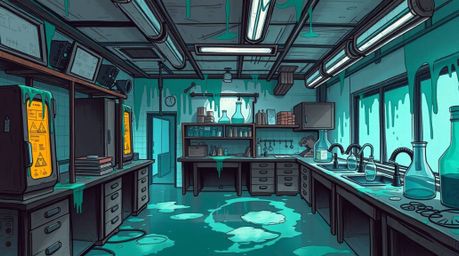 This digital sketch depicts a slime-covered science lab, brought to life with rich textures and a complementary epic color pa