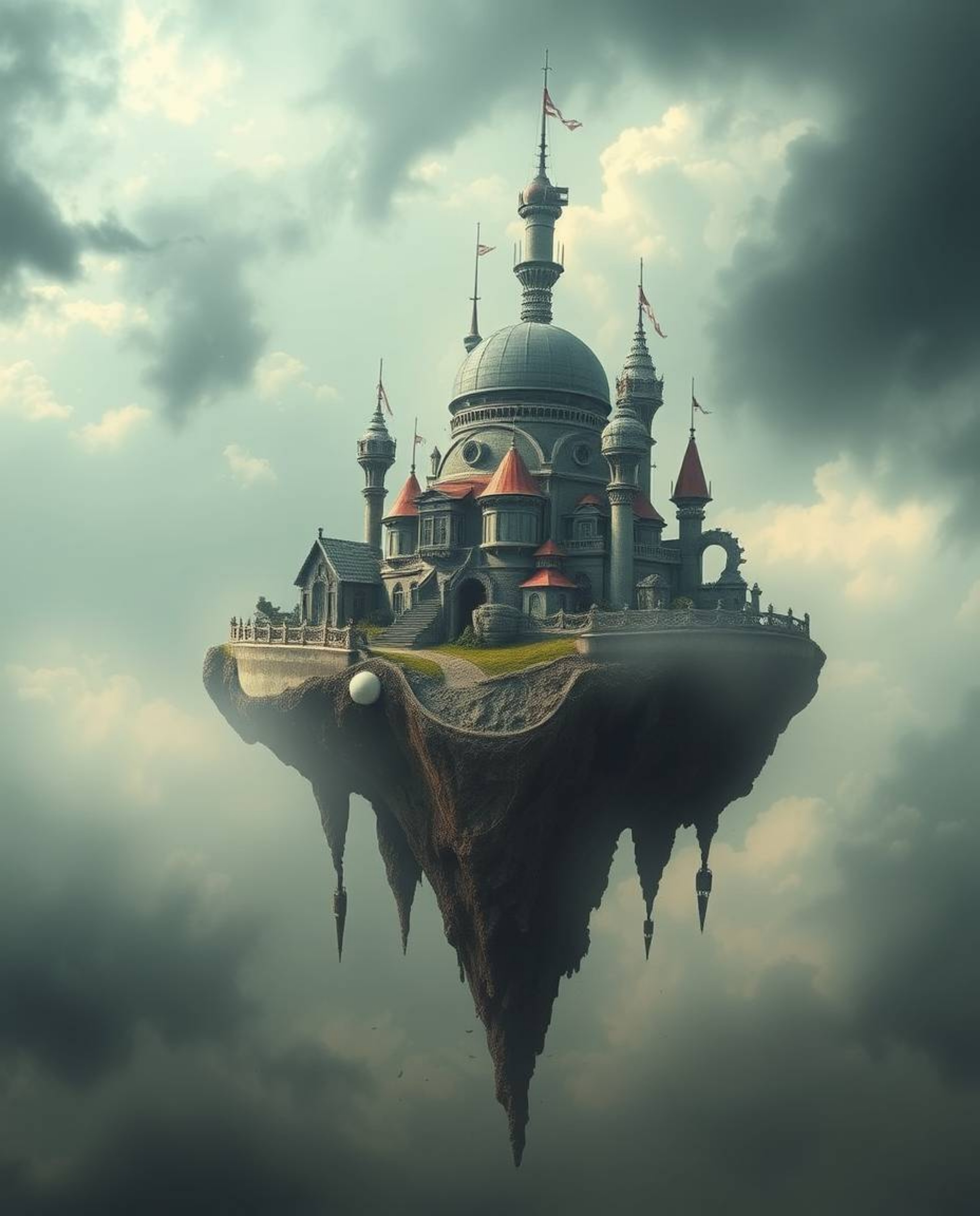 This high-resolution stock photo captures a surreal floating island featuring bizarre and fascinating architecture. Bathed in