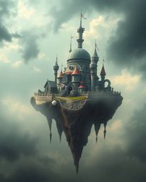 This high-resolution stock photo captures a surreal floating island featuring bizarre and fascinating architecture. Bathed in