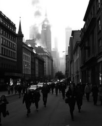 This collection features classic black and white photographs depicting a city consumed by flames, with people running in all 