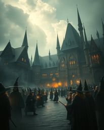 A strong and moody image depicting an epic scene of a magical school teeming with young wizards. The artwork features a massi