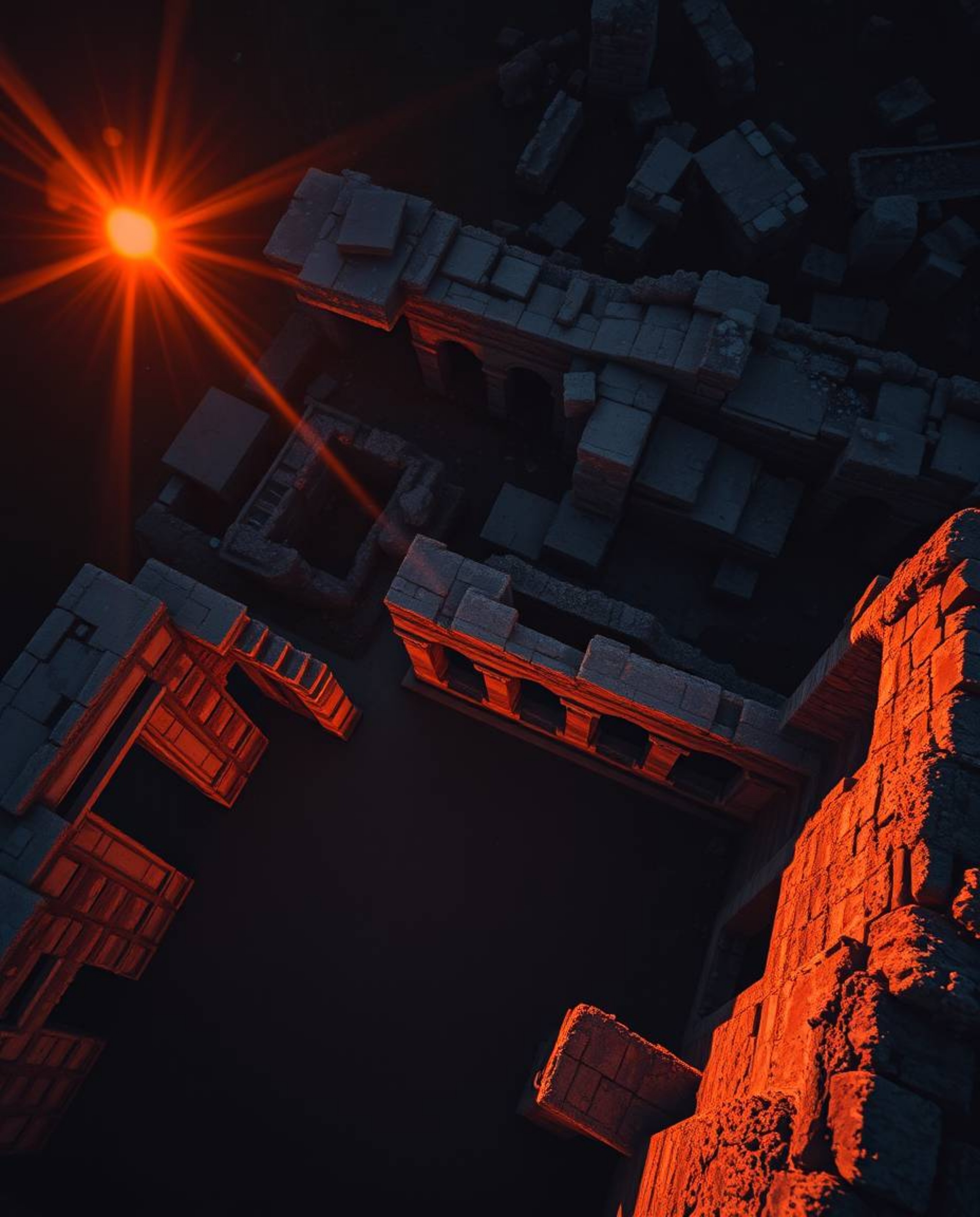 An overhead bird's-eye view showcases contrasting chiaroscuro lighting on ancient stone ruins at sunset. This top-down perspe