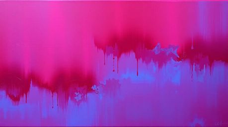 This stunning acrylic painting features a rich interplay of burgundy and deep blue hues, creating a vibrant iridescent gradie