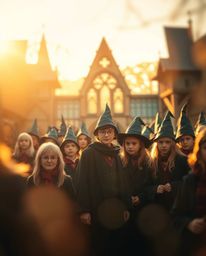 Discover a captivating image of a magical school brimming with young wizards. Bathed in the warm glow of golden hour, the sc