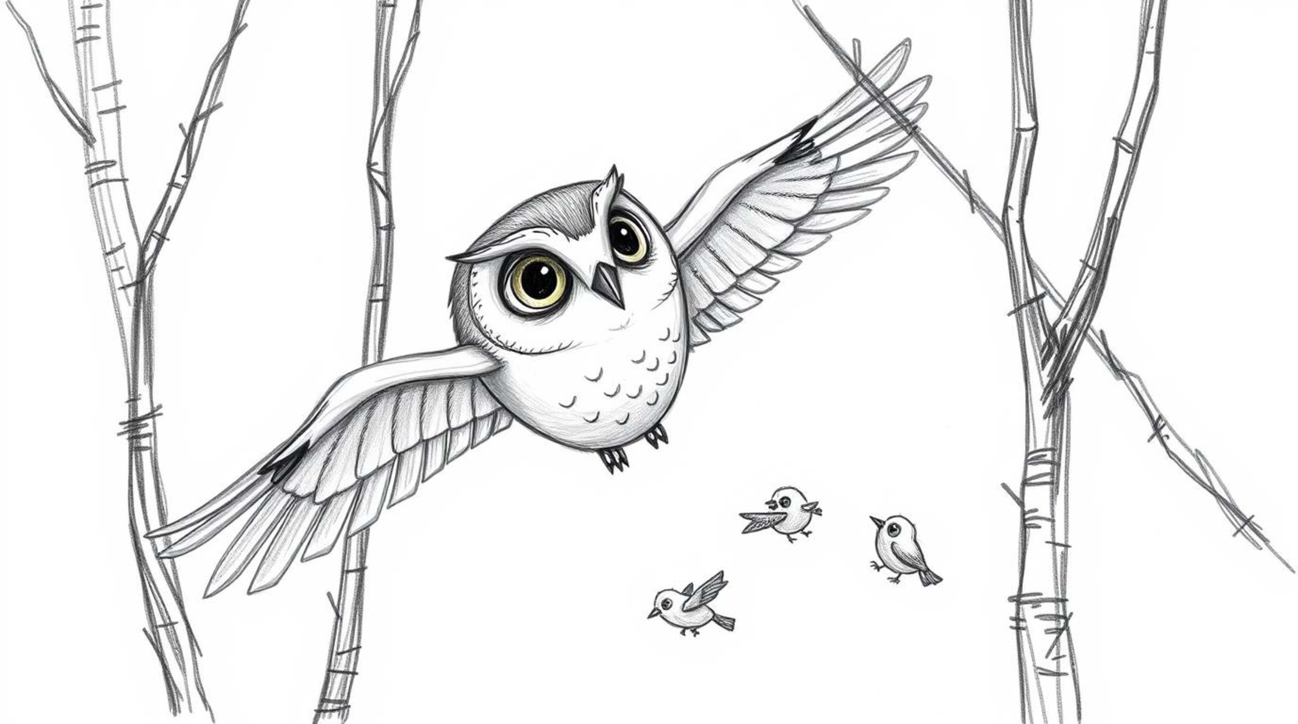 A charming hand-drawn sketch in the style of Pixar depicts a blind owl with soft, expressive features gliding gracefully betw
