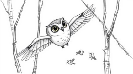 A charming hand-drawn sketch in the style of Pixar depicts a blind owl with soft, expressive features gliding gracefully betw