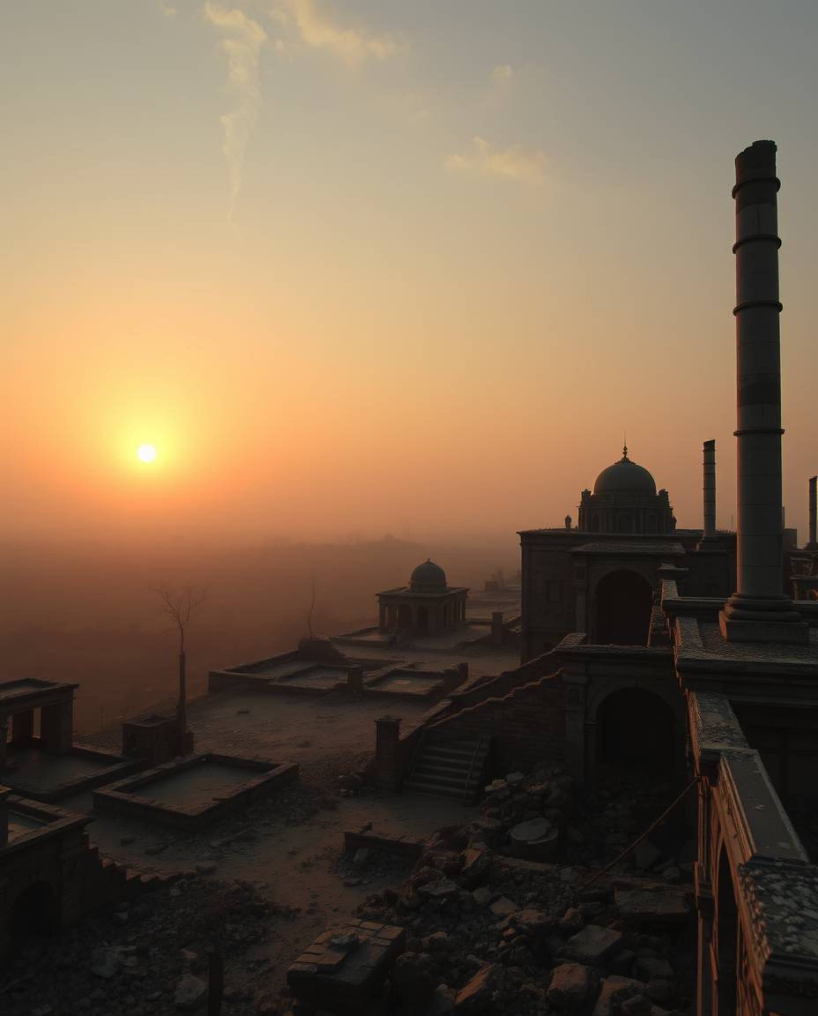 A photograph capturing a serene sunrise over a war-torn landscape, blending the harsh reality of destruction with the etherea