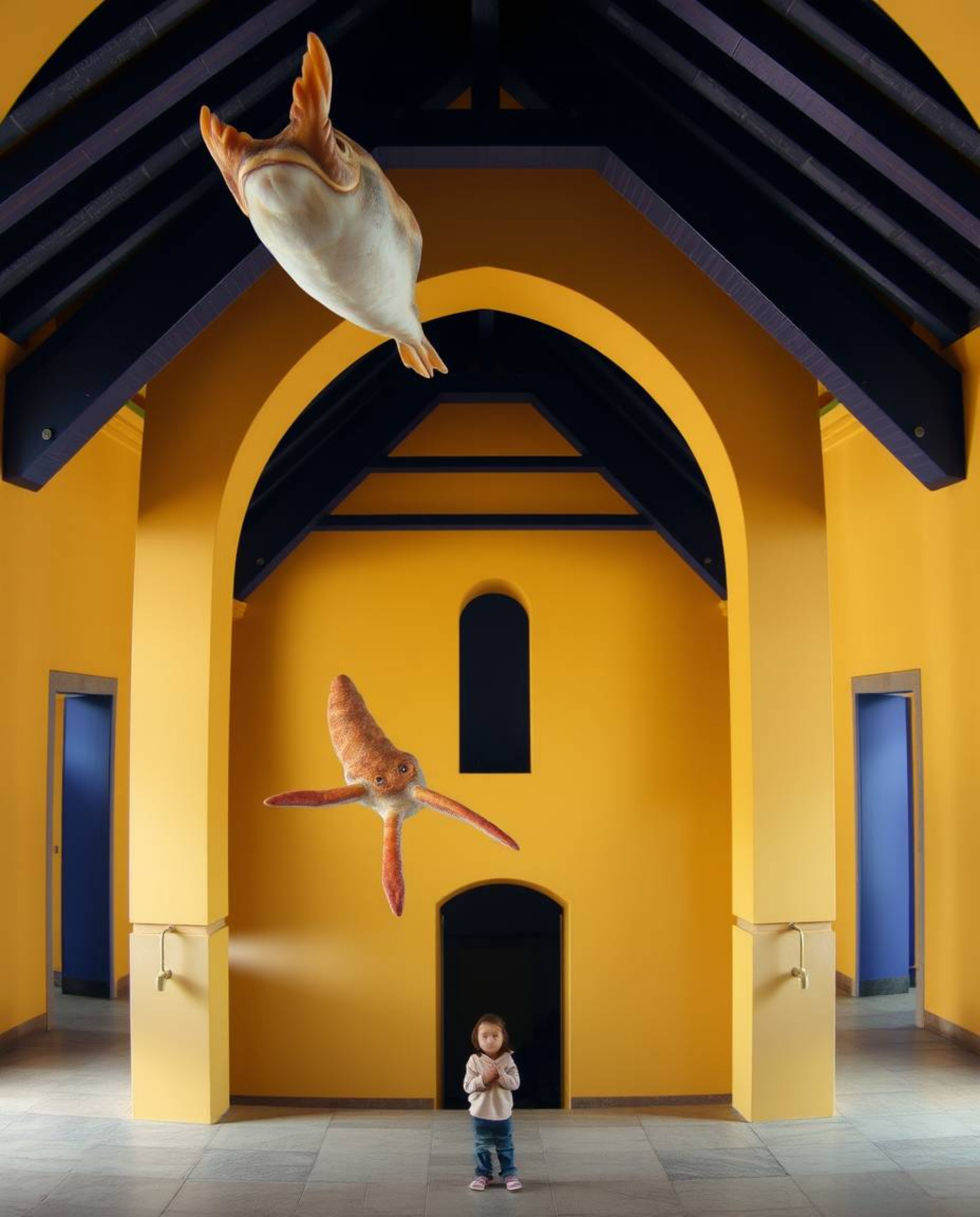 This captivating wide-angle architectural photograph beautifully captures the unexpected friendship between a sea creature an