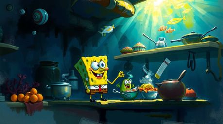 A vibrant digital painting depicts a whimsical sponge character cooking in a fantastical underwater kitchen.  The artwork sho