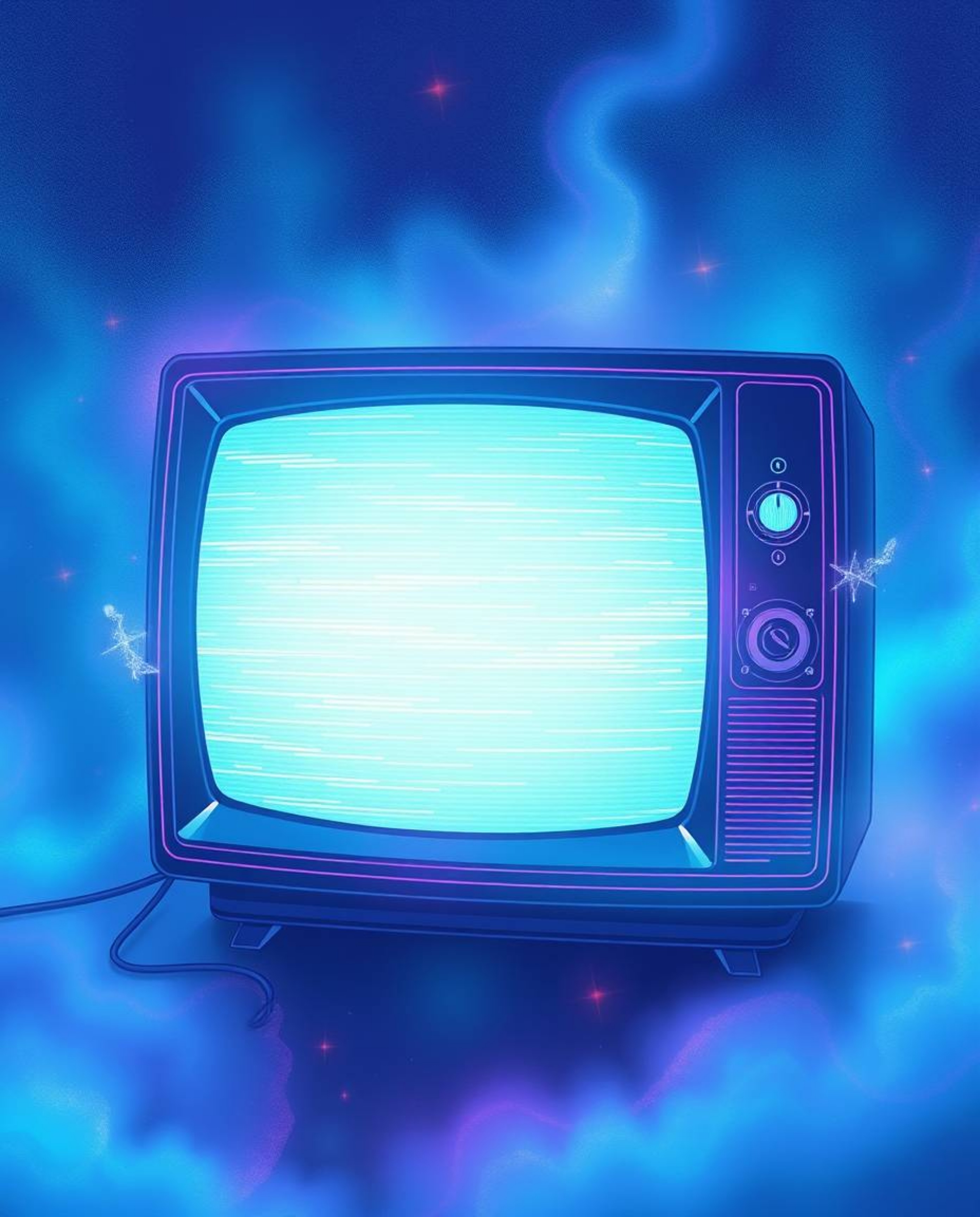 An ethereal, dreamlike illustration depicting a retro-style TV screen glitch with RGB separation.  The cool color palette of 