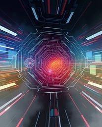 A dynamic digital sketch showcases a futuristic digital interface characterized by geometric patterns and holographic element