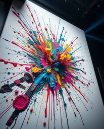Explore a collection of high-detail abstract art showcasing a vibrant explosion of colorful paint splashes on a white canvas.