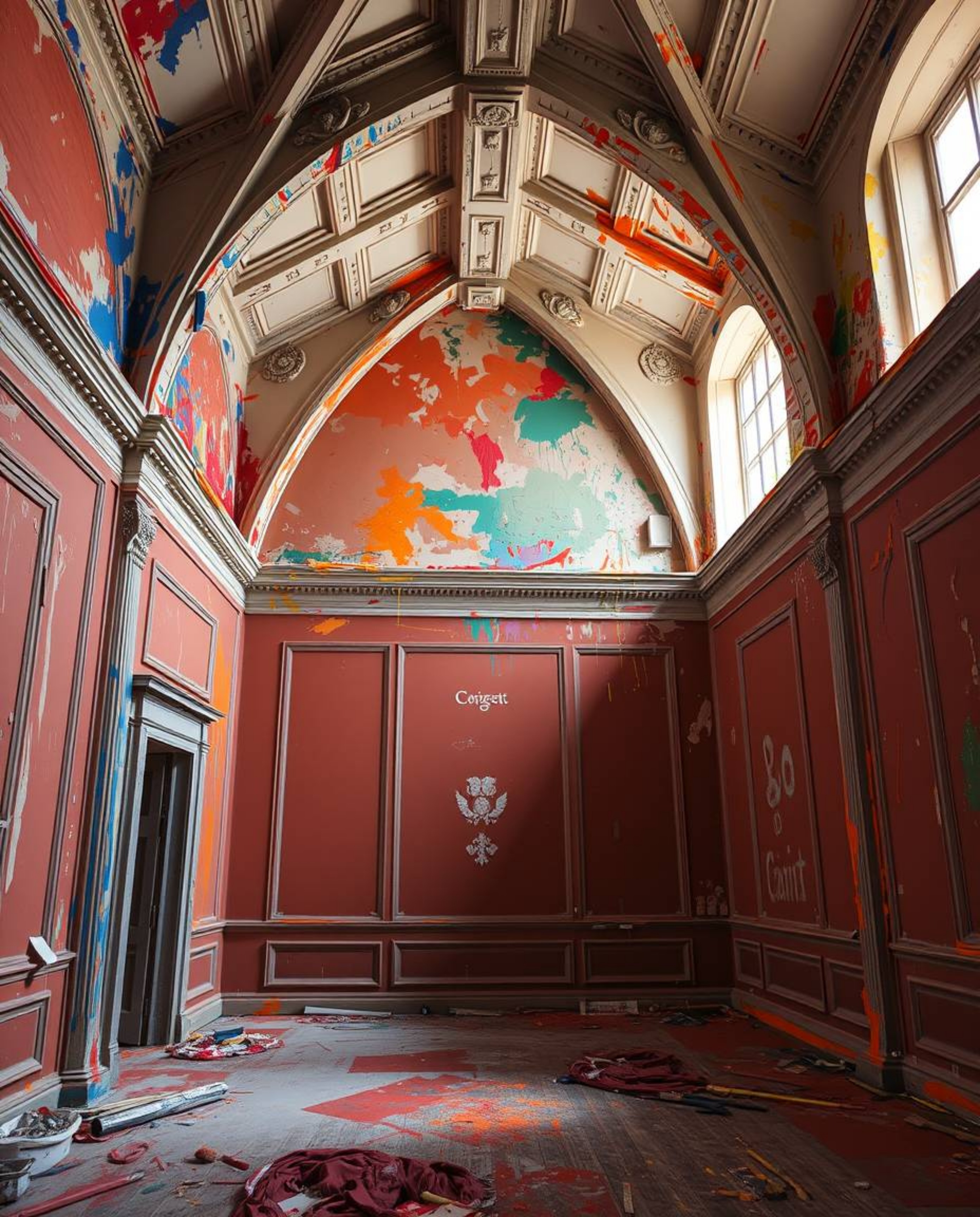 A captivating blend of precision and chaos, this architectural photography series captures a room in the throes of a vibrant 