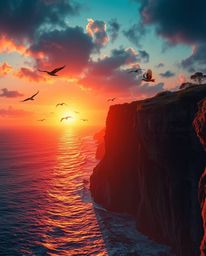 This is a high-resolution stock photo capturing a sunset over a coastal cliff with soaring birds. The image boasts electric v