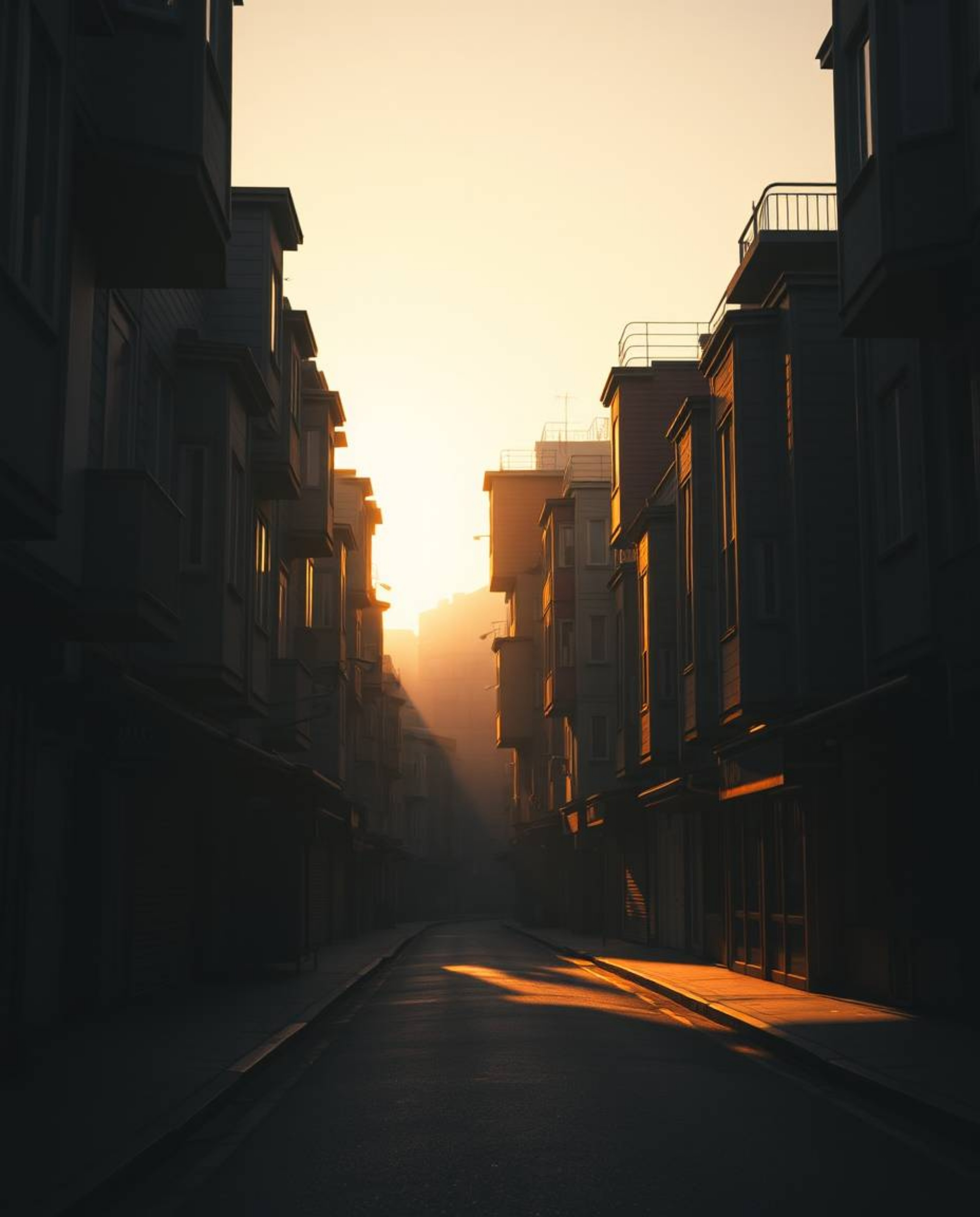Experience a surreal street scene bathed in the warm golden hour light, where intense jet black shadows accentuate the foldin