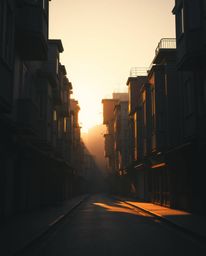 Experience a surreal street scene bathed in the warm golden hour light, where intense jet black shadows accentuate the foldin
