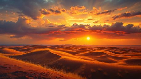 Experience the breathtaking beauty of a dramatic sunset over golden desert dunes. This captivating image, rendered in the sty