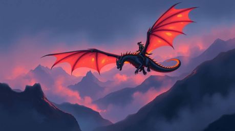 A captivating digital painting depicts a dragon and its rider soaring above misty, icy mountains.  The scene is infused with 