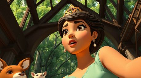 A captivating architectural color photograph taken from a high angle showcases a princess with bright eyes and tan skin singi