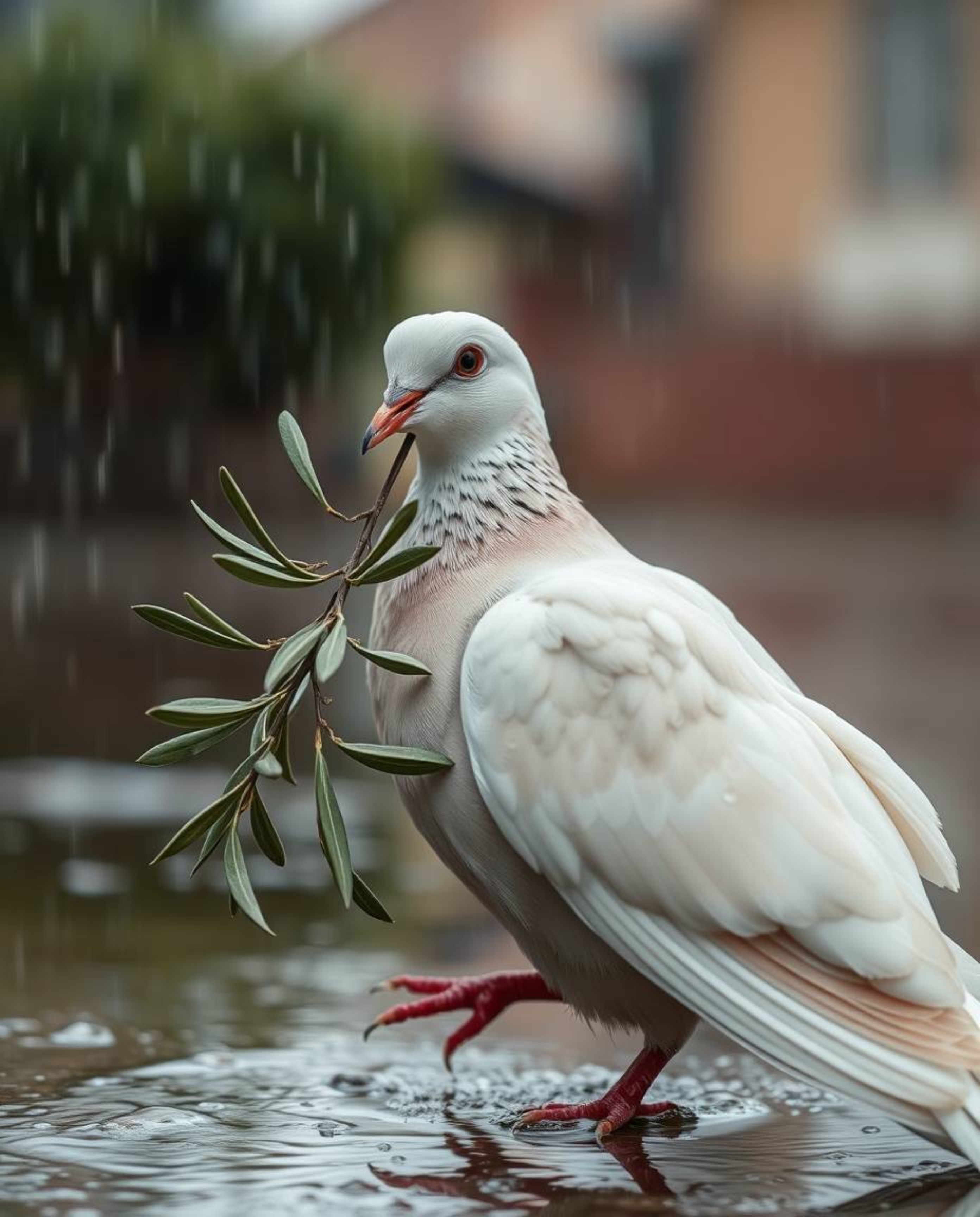 A close-up shot depicting a dove carrying an olive branch through a wet, rainy scene. The imagery evokes a sense of peace and