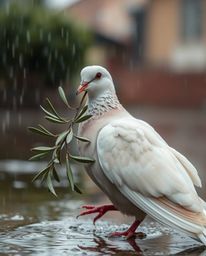 A close-up shot depicting a dove carrying an olive branch through a wet, rainy scene. The imagery evokes a sense of peace and