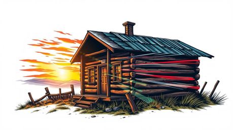 A vibrant traditional tattoo art print showcasing an old wooden cabin at sunset.  The design features dynamic motion, lens fl