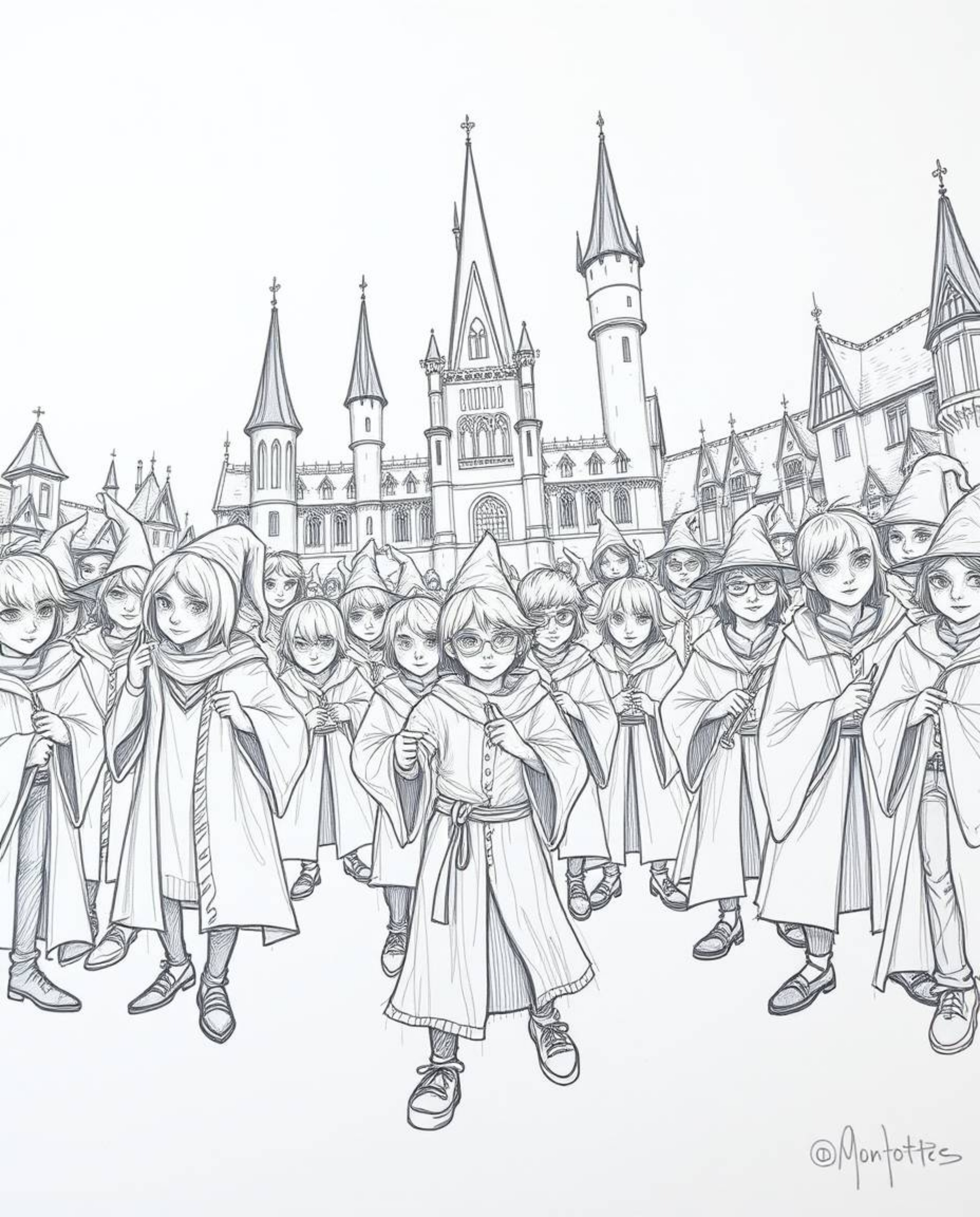 Explore a stunning hand-drawn sketch of a massive magical school bustling with young wizards. This artwork features rough lin