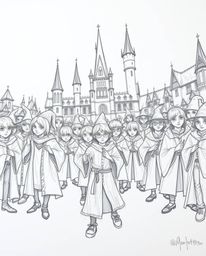 Explore a stunning hand-drawn sketch of a massive magical school bustling with young wizards. This artwork features rough lin