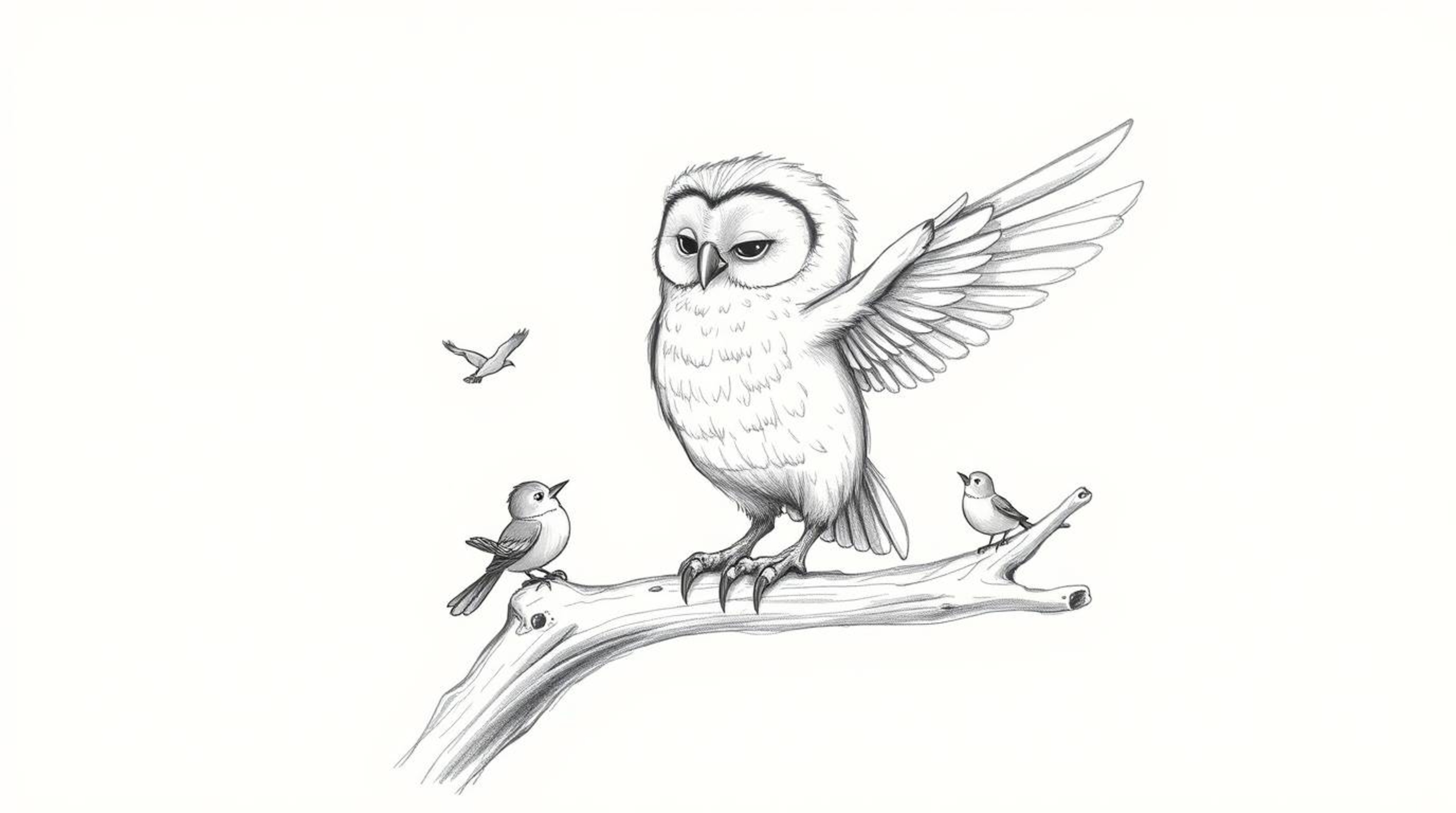 A heartwarming hand-drawn sketch in the style of Pixar features a blind owl, rendered with soft, feathery texture, guiding sm