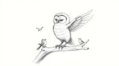 A heartwarming hand-drawn sketch in the style of Pixar features a blind owl, rendered with soft, feathery texture, guiding sm