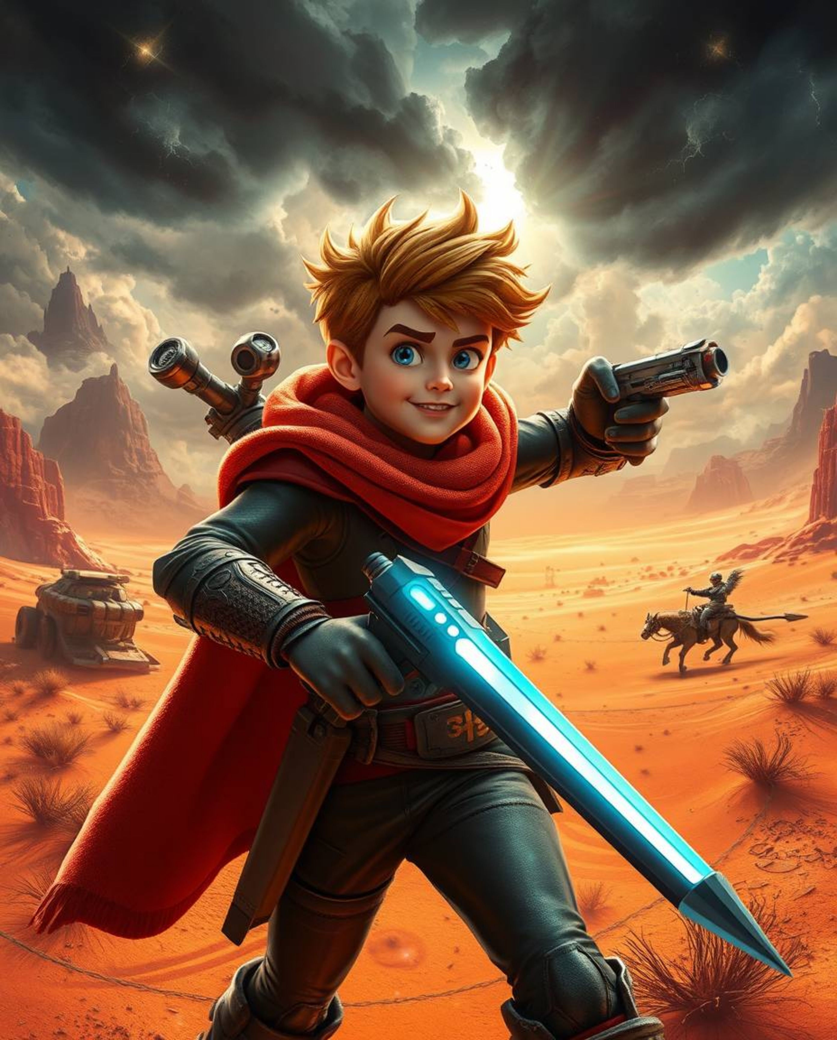 A brave hero embarks on a thrilling, Disney-esque adventure in a futuristic sci-fi desert. Stormy skies and dramatic weather