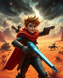 A brave hero embarks on a thrilling, Disney-esque adventure in a futuristic sci-fi desert. Stormy skies and dramatic weather