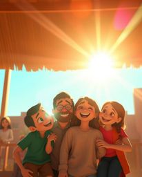 Experience a heartwarming family reunion depicted in a vibrant Pixar style, featuring a bright lens flare with contrasting wa
