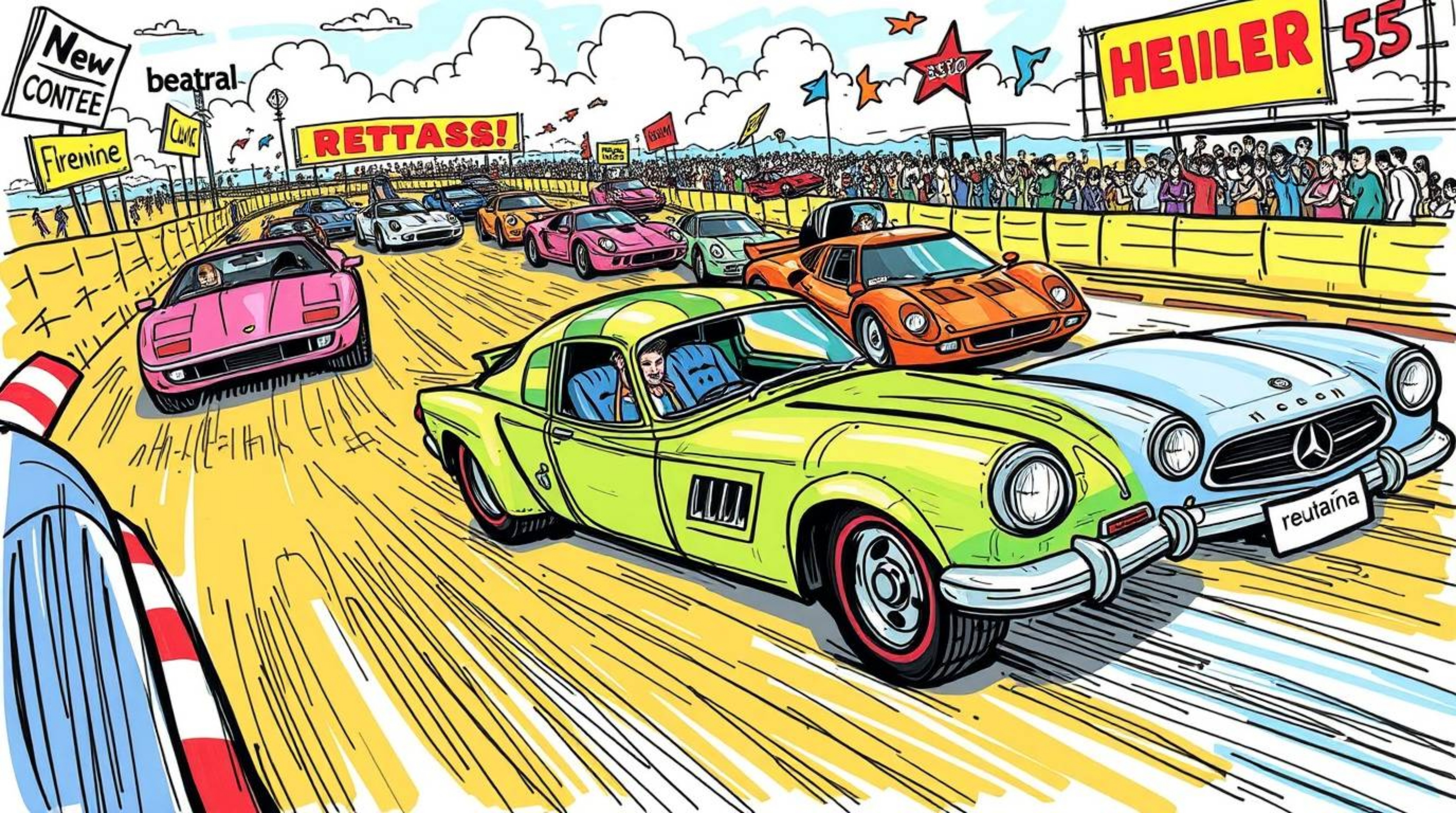 Experience the thrill of a hand-drawn, color sketchnote depicting a wacky racing scene filled with outlandish cars. This vibr