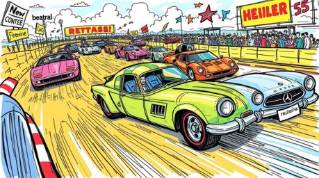 Experience the thrill of a hand-drawn, color sketchnote depicting a wacky racing scene filled with outlandish cars. This vibr