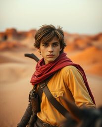 A captivating fine art photograph showcasing a brave Disney-style hero embarking on a desert adventure.  The image features s