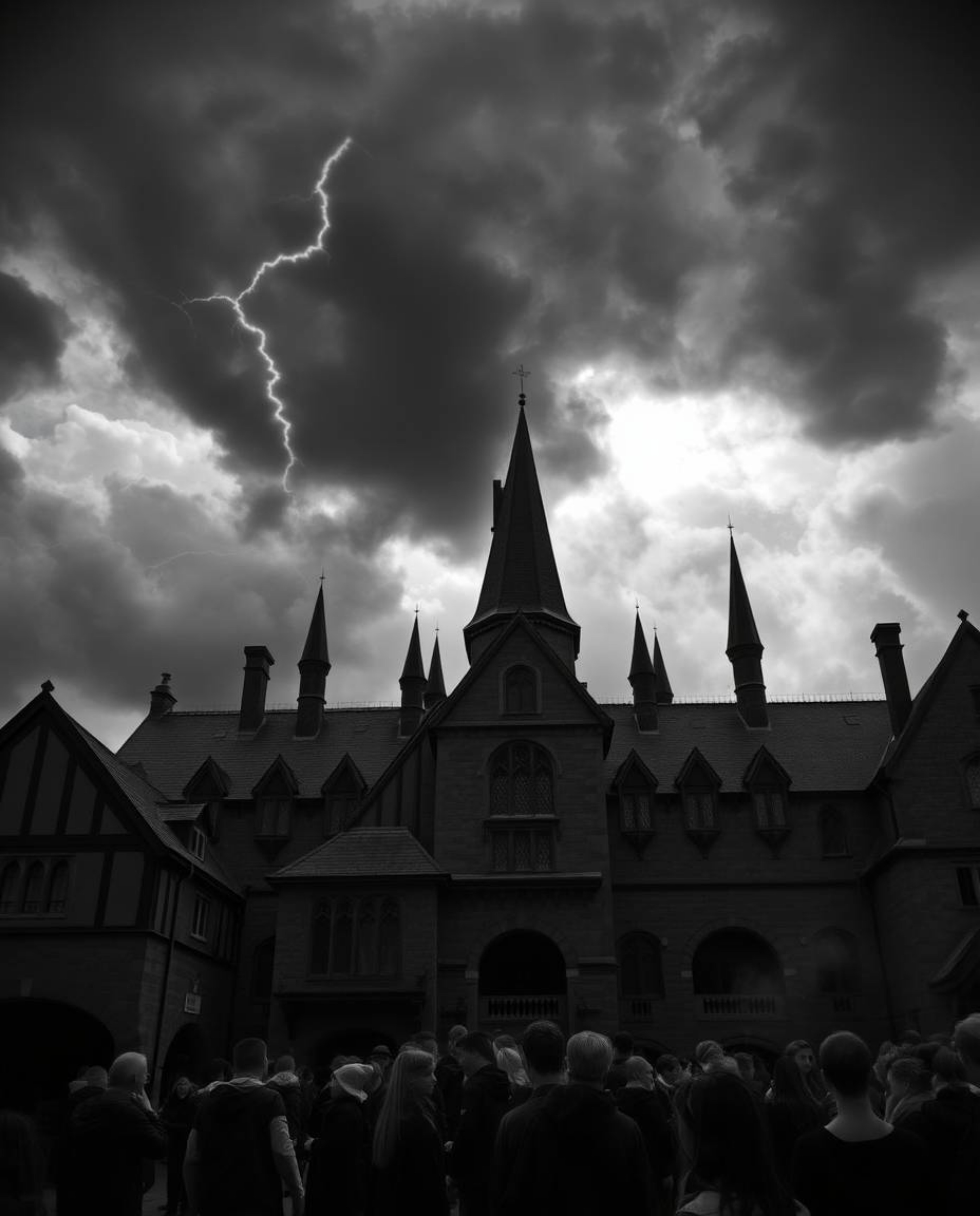 Experience a timeless and elegant scene: A magical school brimming with young wizards is dramatically set against a backdrop