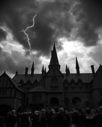 Experience a timeless and elegant scene: A magical school brimming with young wizards is dramatically set against a backdrop