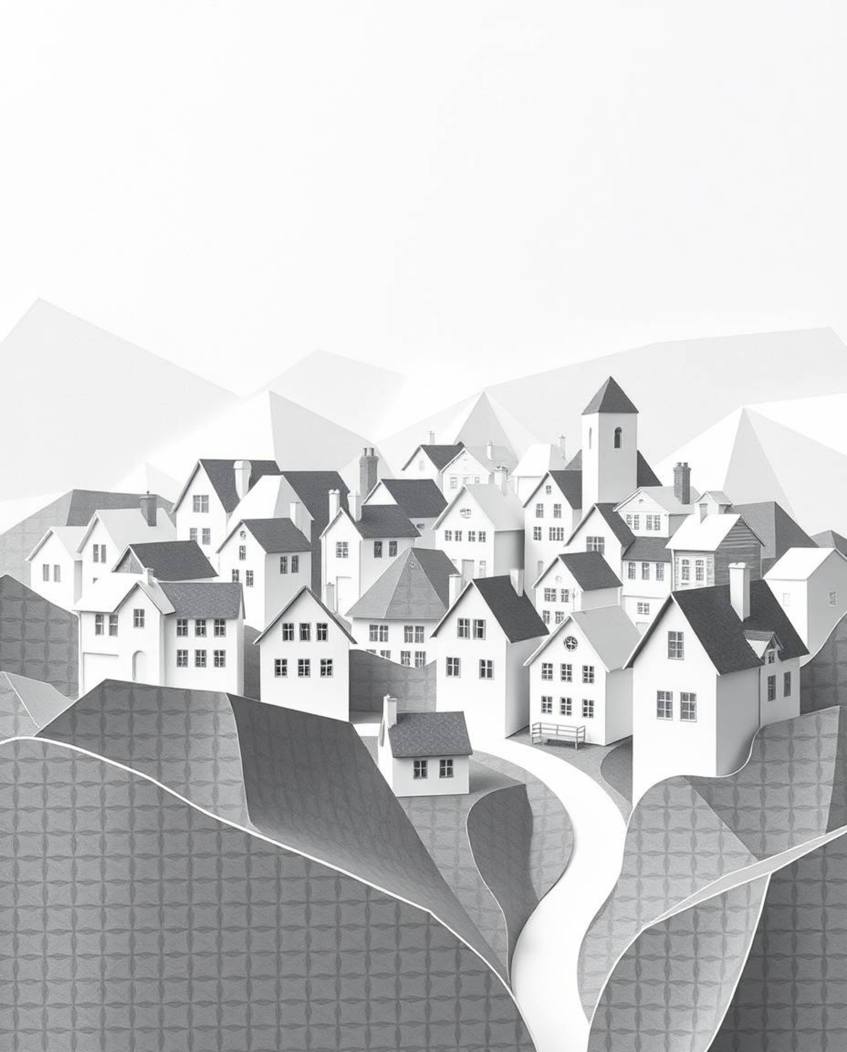 Explore the charm of a sleepy town depicted in both black and white origami-style illustration and a vibrant watercolor rendi