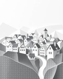 Explore the charm of a sleepy town depicted in both black and white origami-style illustration and a vibrant watercolor rendi