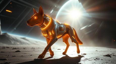 A majestic, golden futuristic dog autonomously explores a grand, epic space scene.  Bathed in stunning lens flare lighting, t
