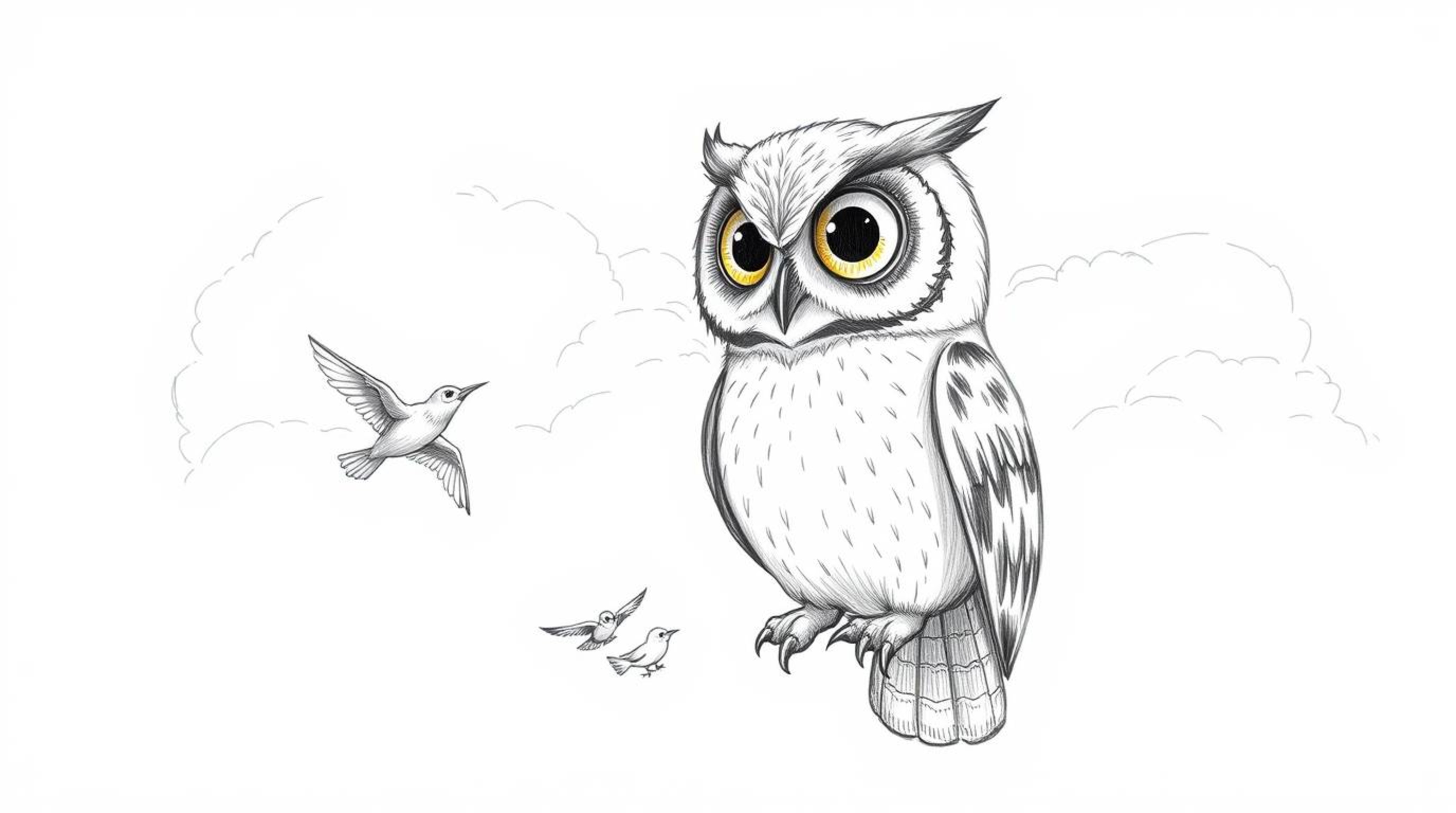 A heartwarming hand-drawn sketch in Pixar style depicting a proud, blind owl with large, gentle eyes. He's teaching small bir
