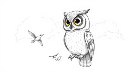 A heartwarming hand-drawn sketch in Pixar style depicting a proud, blind owl with large, gentle eyes. He's teaching small bir