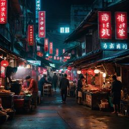 Experience the vibrant atmosphere of a bustling Asian market street, illuminated by dazzling neon lights. Indulge in deliciou