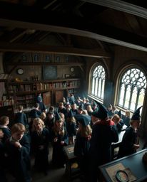 This high-resolution stock photo captures a magical school brimming with young wizards from an elevated perspective. Professi